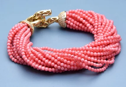 Jewelry 10 Rows Pink Coral Smooth Round Beads Bracelet Gold Color Plated CZ Pave Clasp 8.5''