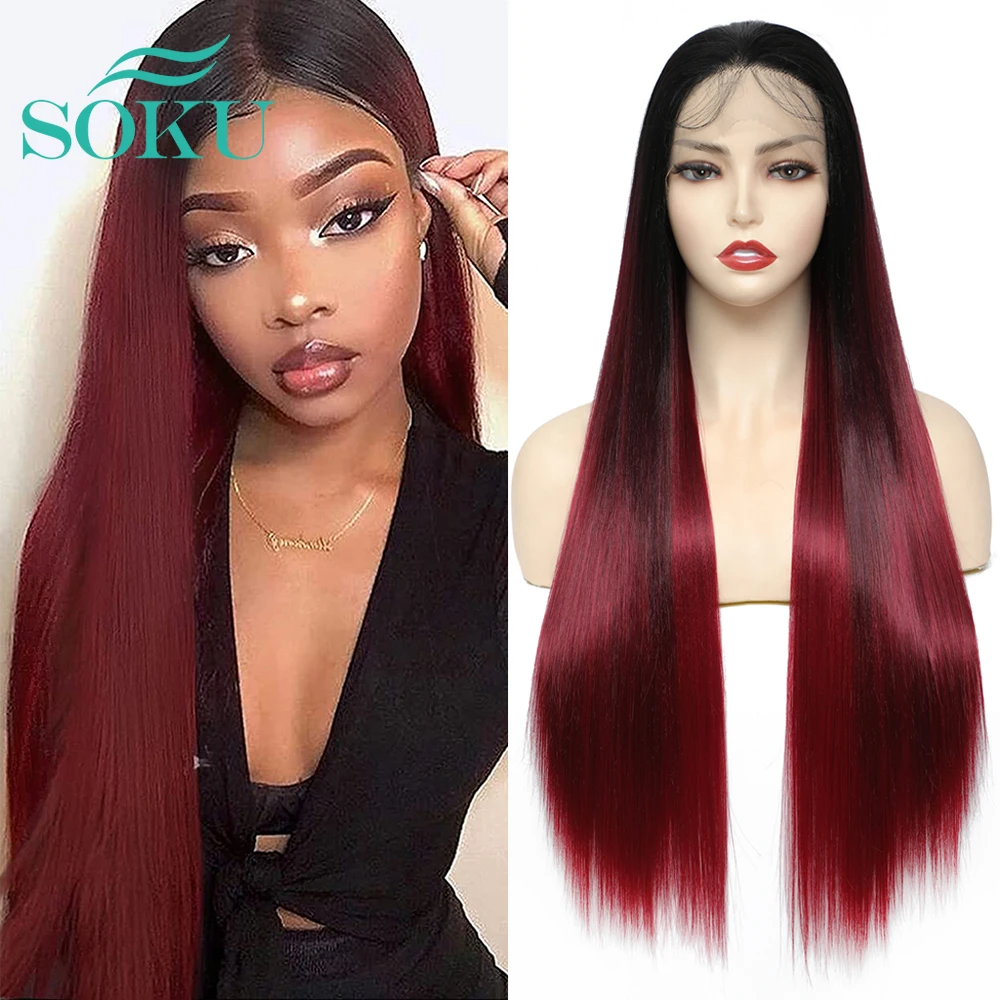 

SOKU Ombre Red Synthetic Wig Lace Front Free Part Wigs For Women Long Straight Hair 29 Inch 130% Density Transparent Lace Wig