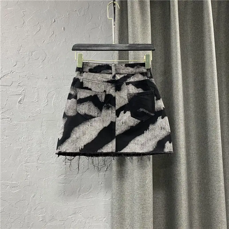 Spring and Summer New Korean Spice Girl Irregular Tie Dye High Waist Straight A-line Denim Wrap Hip Short 2