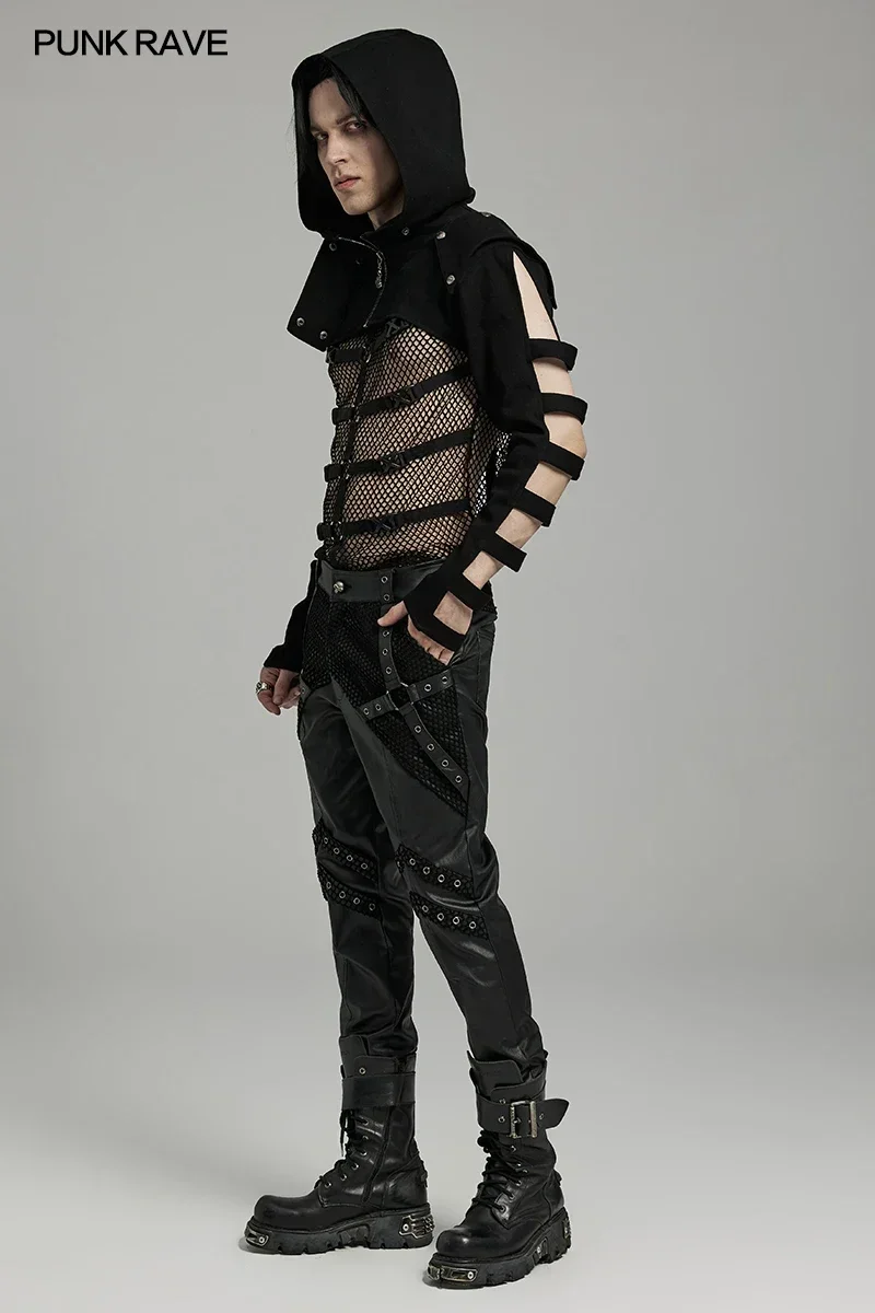 PUNK RAVE Men's Punk Sleeves Are Hollow Loop Straps Short Coat Handsome Cool Stand Up Collar Casual Mens Jacket Autumn 4