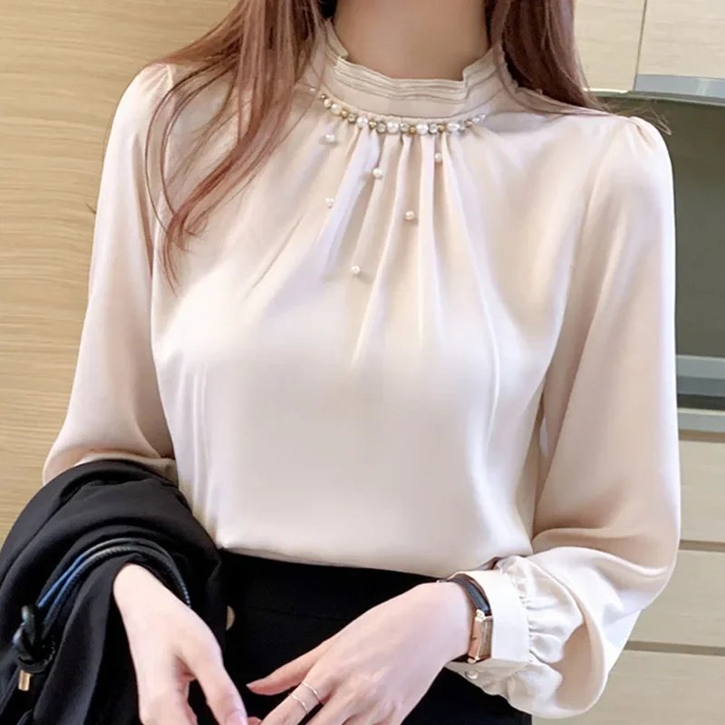 여성용 긴팔 블라우스, 2024 비즈 스탠드 칼라, 쉬폰 블라우스 셔츠, 상의, 여성 의류, Blusa D537, 가을
