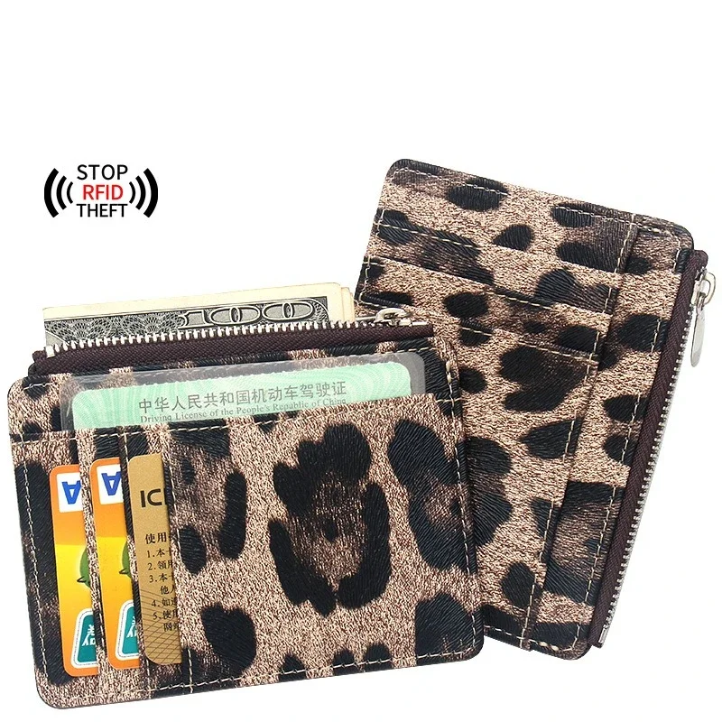 New Leopard Pattern Leather Small Zipper Coin Purse for Women & Men Slim Card Wallet Business Credit Card Holder Bag Nice Gifts