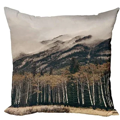 Short Plush Cushion Cover, Snow Mountain Forest Natural Outdoor Landscape Pattern Printed Pillowcase 45x45 pillow case