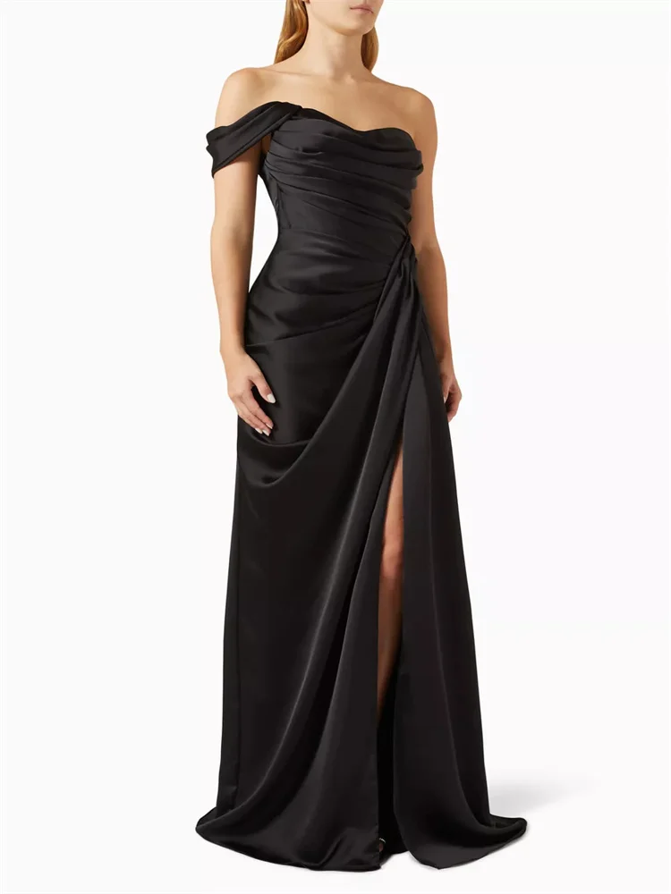 

Hot Selling One Shoulder Neckline Satin Bridesmaid Dress Elegant Open Back Zipper Floor Length High Slit Gown For Wedding Guest