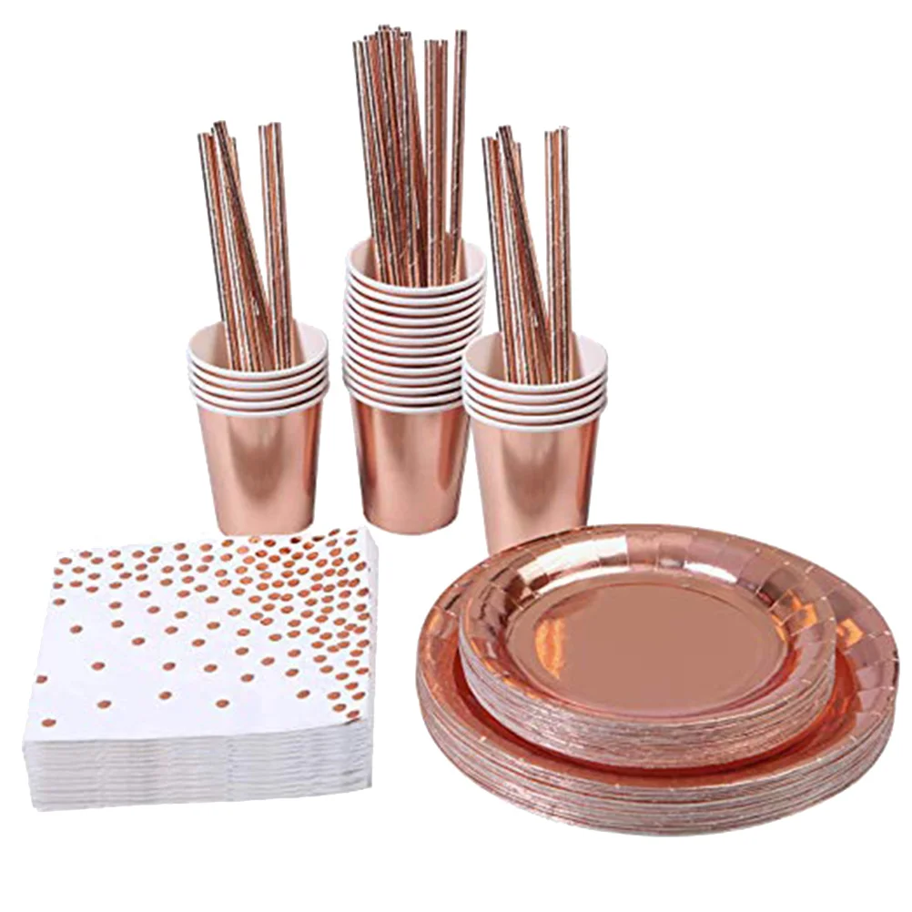50pcs Disposable Tableware Kit Paper Plates Cup Set Fashion Dinnerware Party Napkin Straw Birthday Party Supplies (Rosy )