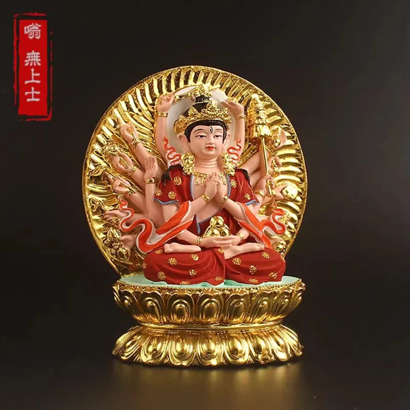 Golden Cundi Buddha Statue - Hand Painted Goddess of Mercy Guanyin Mini Idol, Portable Car Altar Buddhist Deity, Tibetan Buddhis