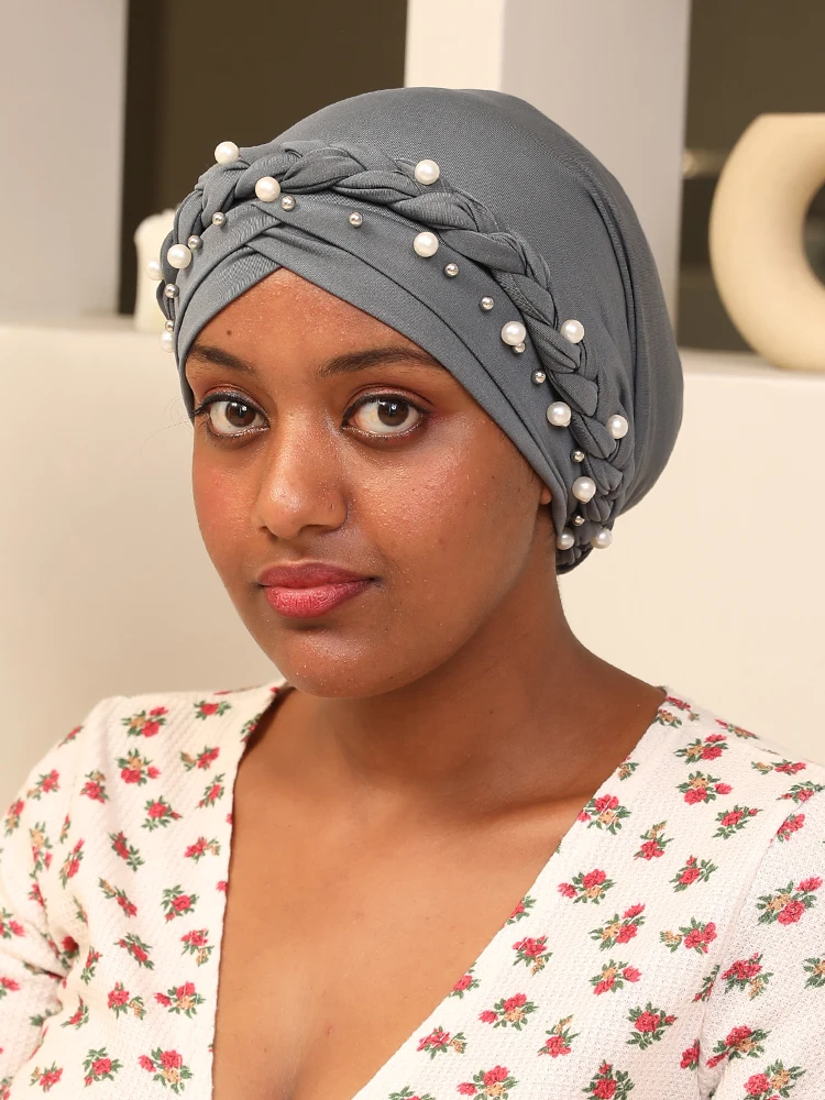 

2022 New Designer Single Braid Hat Stud White Pearls African Headtie Muslim Hat Head Wraps Ladies Party Headpiece Nigeria