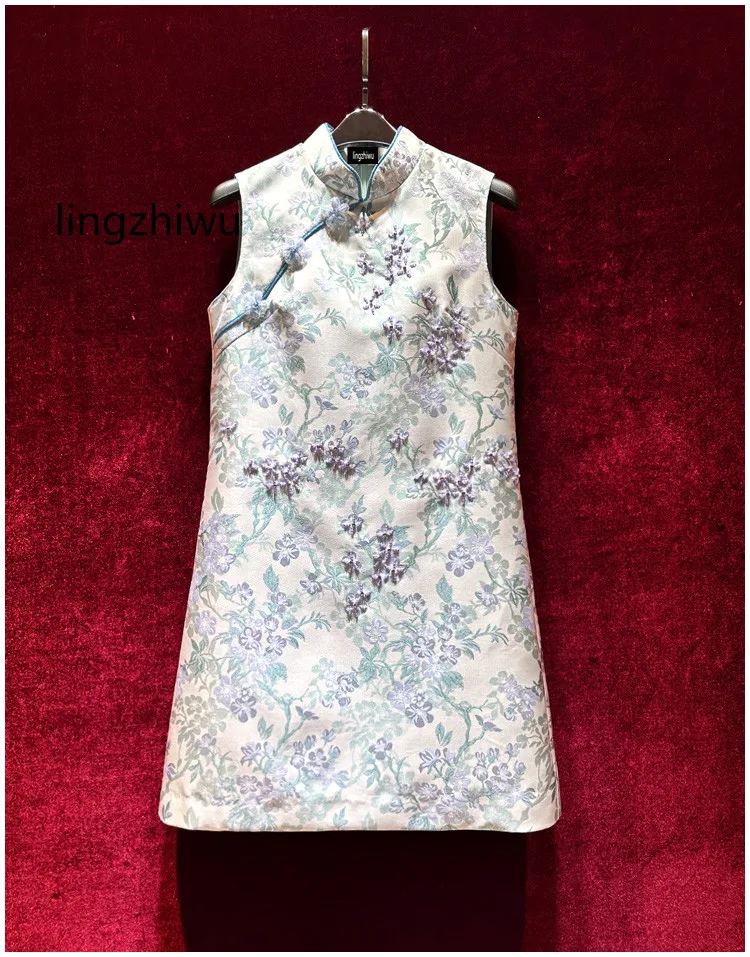 

lingzhiwu Jacquard Dress Chinese Style Vintage Handmade Beading Cheongsam Dresses Elegant Vestidos Spring Summer 2024 New Arrive