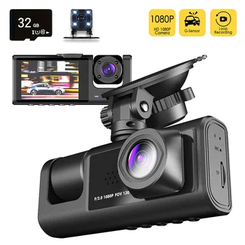 Telecamera per auto a 3 canali Visione notturna IR 1080P Dashcam per veicoli interni a 3 obiettivi con scheda di memoria da 32 GB Registrazione in loop Telecamera DVR per auto