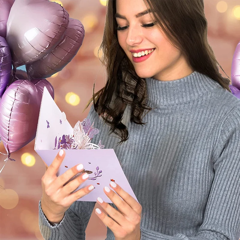 Purple Butterfly Birthday PopUp Card Butterfly Flower Basket 3D Greeting Cards For Women Girl Daughter Mothers Day