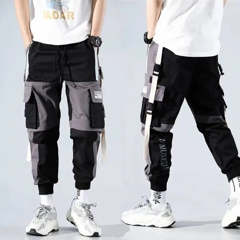 Joggers Cargo pour hommes, pantalon décontracté Hip Hop Hit Color Pocket homme, pantalon de survêtement Streetwear rubans Techwear