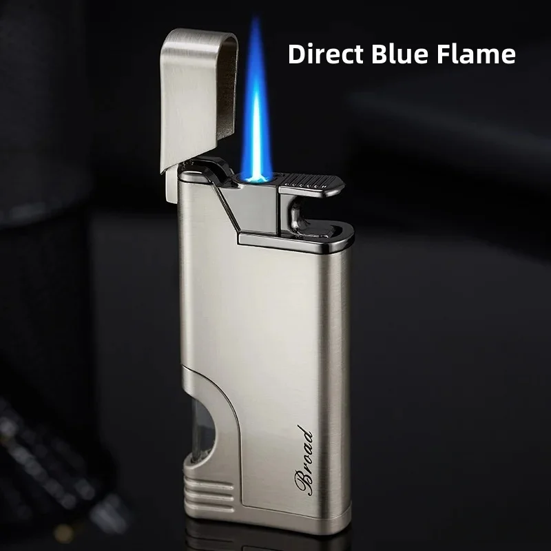 Transparent Gas Storage Tank Direct Spray Blue Flame Windproof Metal Lighter Outdoor Barbecue Kitchen Cigar Lighter Men's Gifts