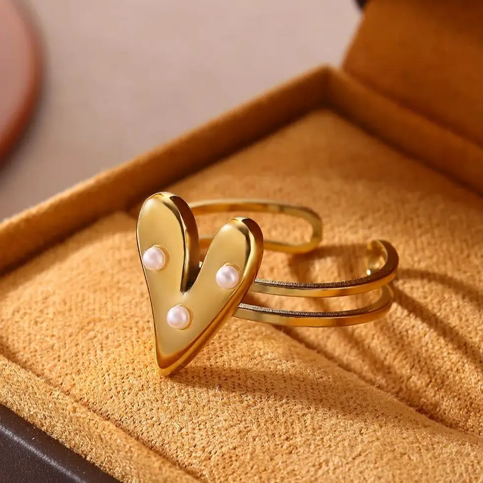 Pearl Heart Ring 18K Gold Plated Stainless Steel Adjustable Jewelry Gift