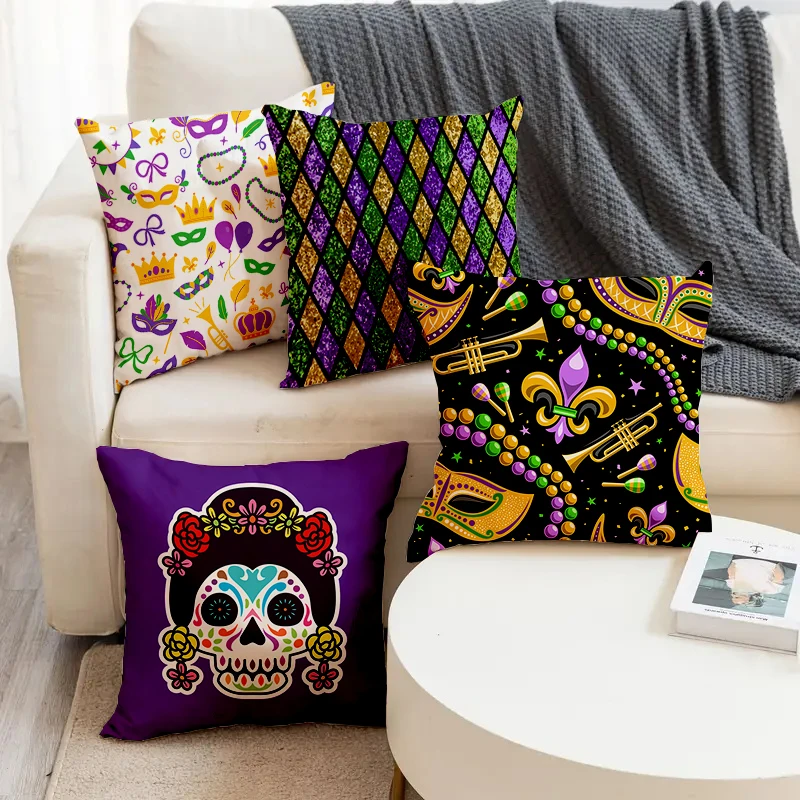 

Carnival Skull Glasses Crown Pattern Printed Square Pillowslip Soft Linen Blend Cushion Cover Pillowcase Living Room Home Decor