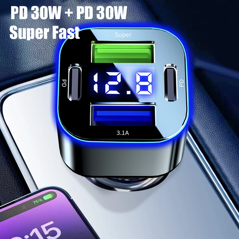 

Двойное зарядное устройство PD 30 Вт USB C 4 в 1, автомобильное зарядное устройство, адаптер, Сверхбыстрая Зарядка для iPhone 15 Pro Max 14 Plus Samsung Huawei Oneplus OPPO Vivo
