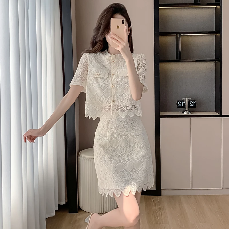 2024 새로운 여름 트위드 스타일 레이스 탑 스커트 슬리밍 2 피스 세트 세련된 정장 작은 향기 스타일 여성 패션