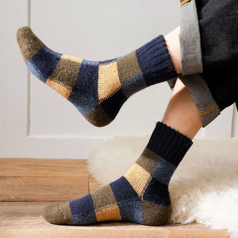 5Pairs Classic Plaid Printed Warm Sheep's Wool Middle Sock Winter Men Women Socks Thicken Color Korean Retro Sock for Snow Boots