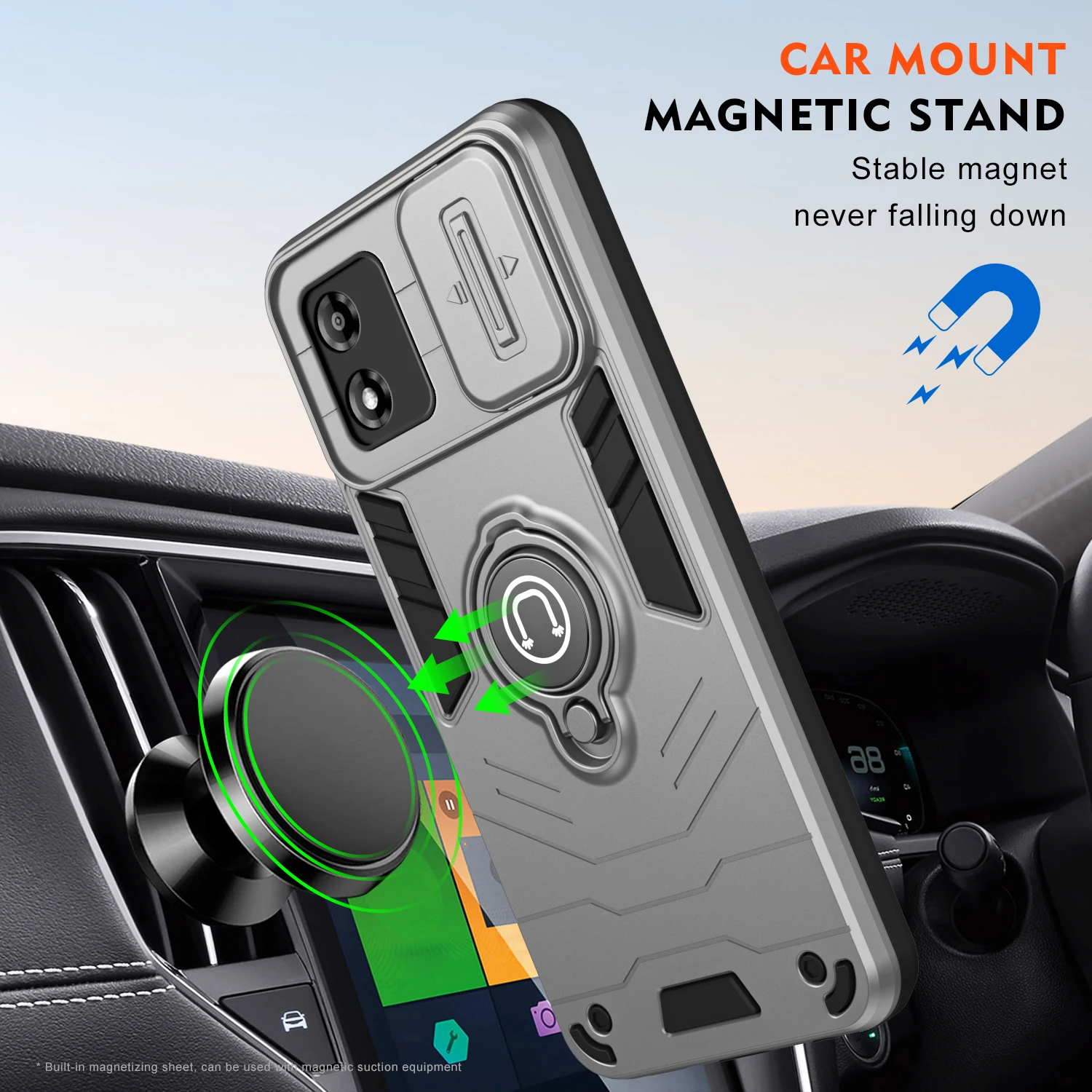 Magnetic Holder Shockproof Armor Case with Slide Lens Cover
