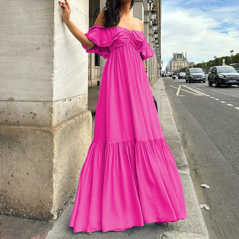 

Sexy Off Shoulder Backless Ruffle Boho Dress Women Spring Strapless Pleat Hem Long Dress New Summer Hollow High Waist Maxi Dress