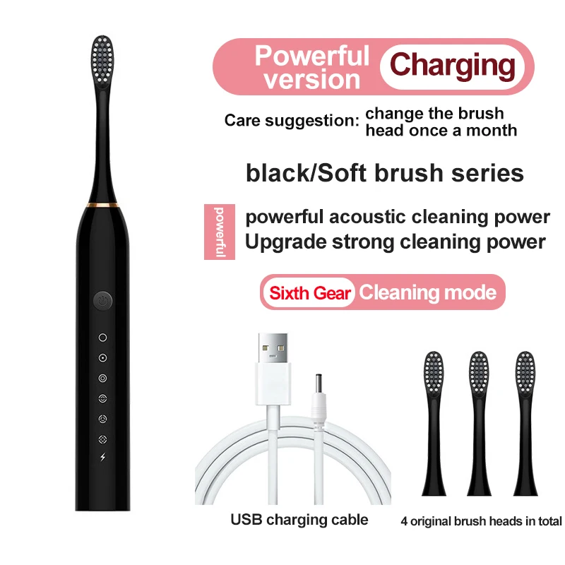 Poderoso ultra-sônico escova de dentes elétrica para adultos, recarregável, branqueamento escova de dentes, USB, impermeável, lavável, 4 escovas, 6 engrenagem