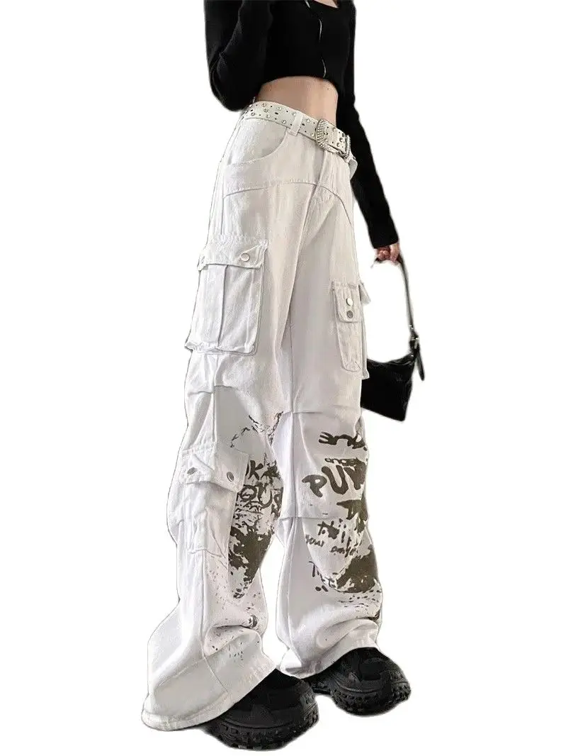 Overalls Multi-Pocket Pleated Women White Print Graphic Baggy Harajuku Oversize Denim Trousers Y2k Jean Pants Vintage Jeans
