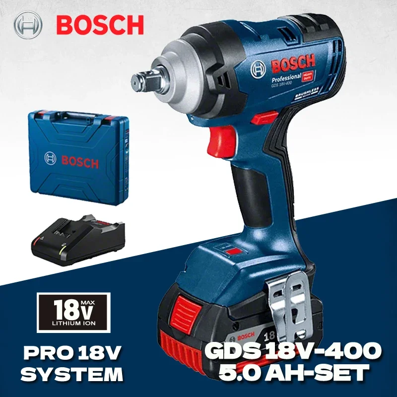 Гайковерт ударный BOSCH GDS 18V-400, бесщеточный литиевый аккумулятор 18 в, 5,0 Ач, 400 нм, перезаряжаемый Электрический беспроводной Электроинструмент с высоким крутящим моментом