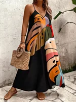 Summer new plant print casual versatile plus size women's suspender dress for beach wear
