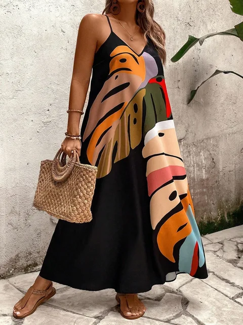 Summer new plant print casual versatile plus size women's suspender dress for beach wear