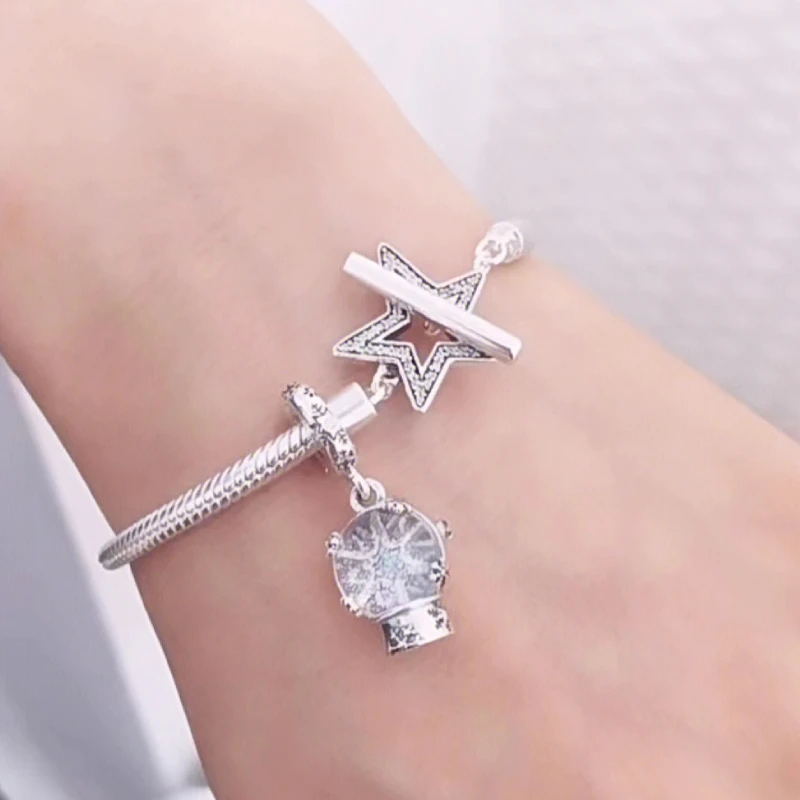 

New in Moments Asymmetric Star T-bar Snake Chain Bracelet 925 Sterling Silver Bracelets For Women DIY Gift Fit Charms Beads
