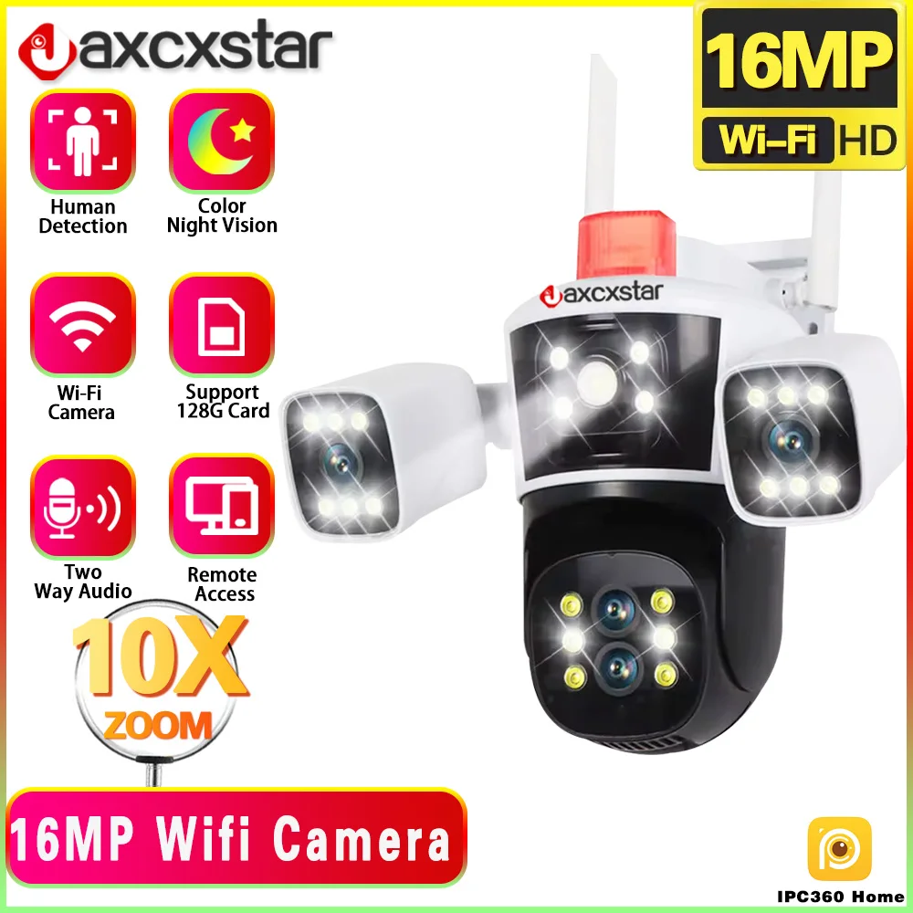 

8K UHD WIFI IP Camera Outdoor 10X Zoom Auto Tracking 16MP PTZ Four Lens Three Screen Waterproof Wi-Fi Security Camera 360° View