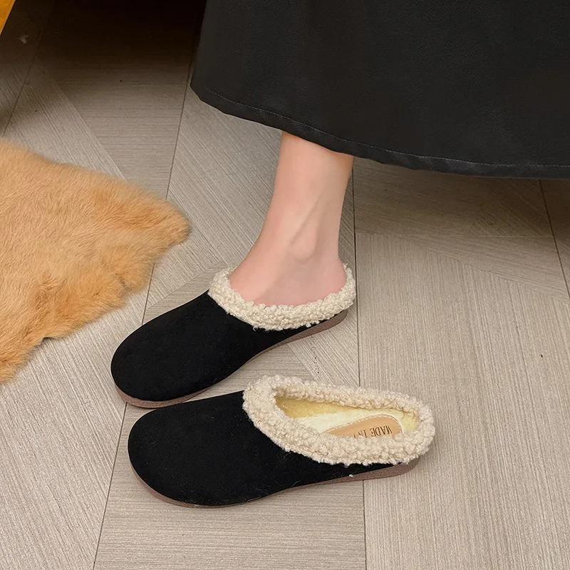2025 Autumn New Thick-soled Wool Shoes with One Foot, Flat-bottomed Lazy Bag Head and Half Slippers, Women