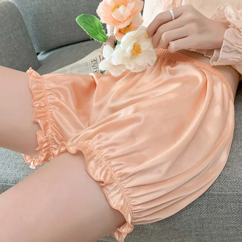 Safety Shorts Women Leggings Safety Pants Satin Safety Short Ice Silk Pants Women Ruffled Pumpkin Pants Lady Thin Leggings Leisure Loose Home Sleeping Bottoms Shorts