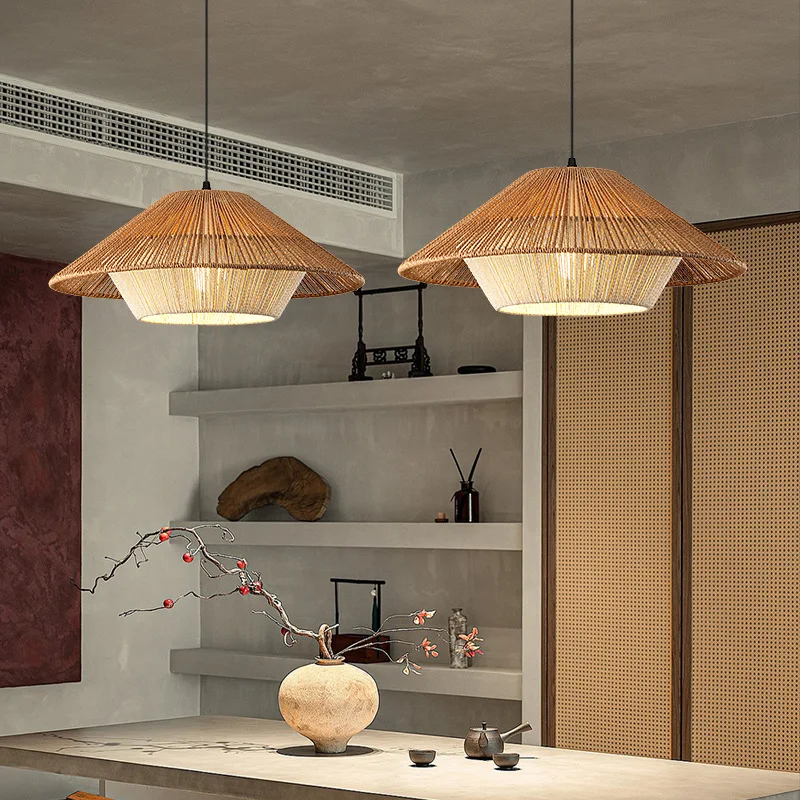 Boho Rattan Pendant Light Fixture Vintage Farmhouse E27 Hand Woven Hemp Rope Hanging Chandelier Retro Wicker Basket Pendant Lamp