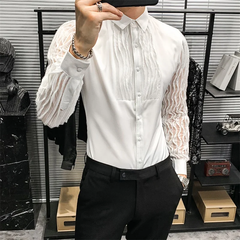 Streetwear Social Lace Hollow Shirts for Men Long Sleeve Slim Fit Party Blouse Camisas Masculinas Club Korean Men Clothes