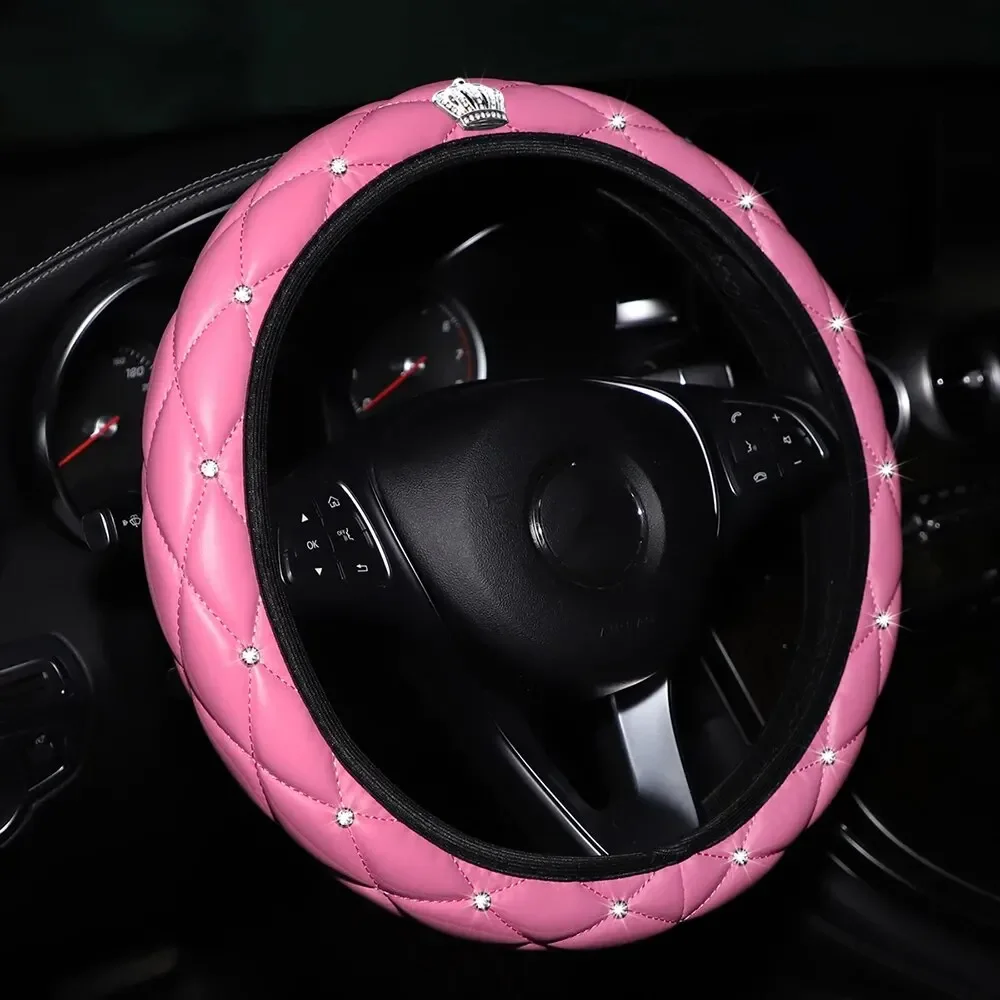 Steering Wheel Cover Universal Car Steering Wheel Cover 37-38cm PU Leather Diamond-encrusted Crown Steering Wheel Cover Four Seasons Car Accessories