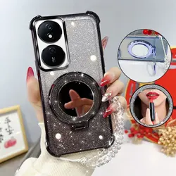 Glitter Shockproof Phone Case with Mirror Stand and Beaded Strap for Honor Play 50 Plus (Black)