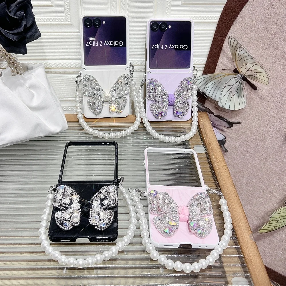 Luxury Glitter Phone Case with Bling Butterfly & Diamond Wrist Strap Cover