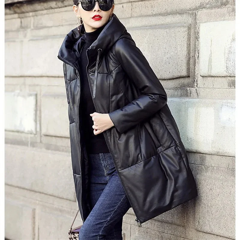 Black PU Leather Coat Hooded Down Cotton Clothes Women's 2024 Winter Cocoon-Type Thick Loose Cotton-Padded Jacket Thick Parkas
