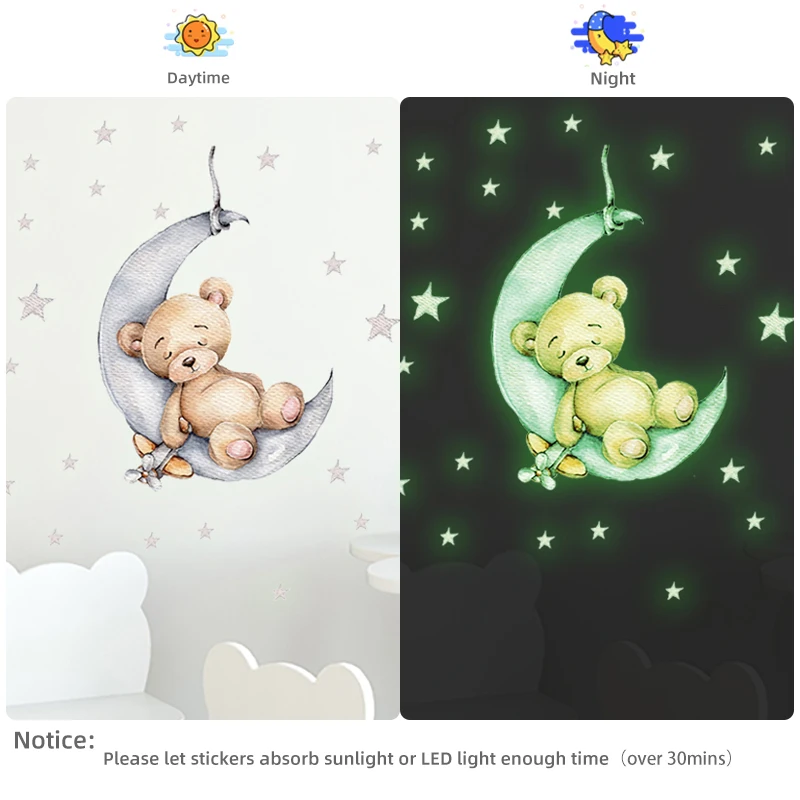 Tiny Cute Luminous Wall Stickers Teddy Bear on the Moon Stars Glow in the Dark Wall Decals Kids Room Baby Nursery Home Decor