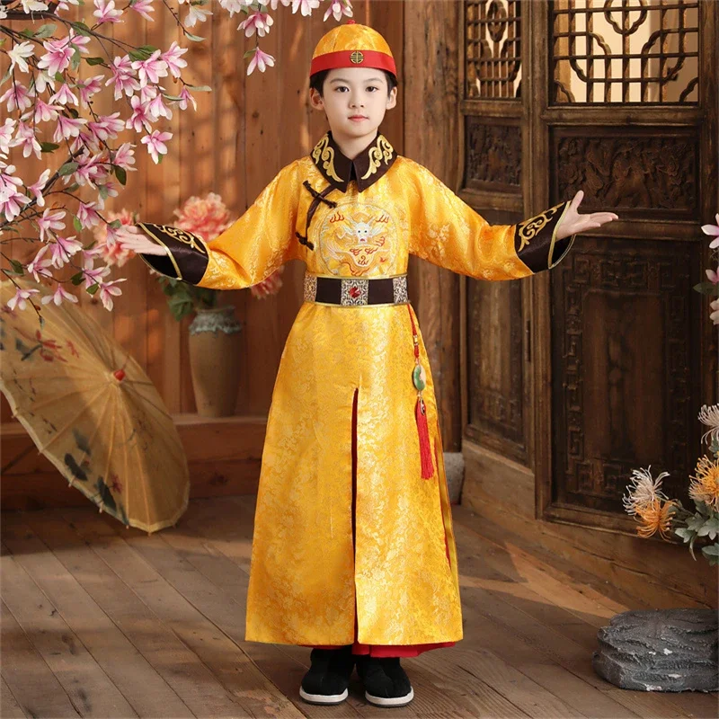 

Chinese Boys Traditional Autumn Winter Yellow Embroidery Hanfu Children New Year Tang Suit Stage Performance Emperor Costumes