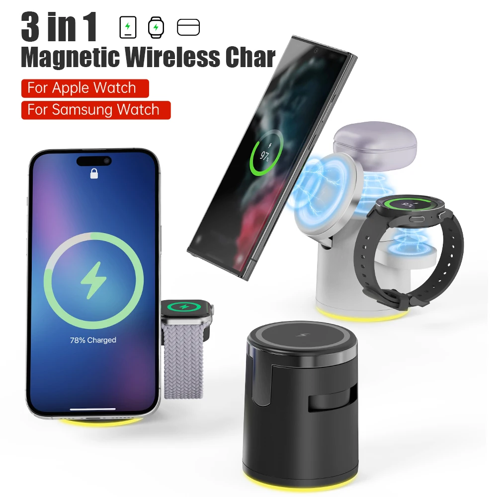 Expandable Portable 3 In 1 Magnetic Wireless Charging Station for Samsung Apple Watch Fast Charger Dock Station Stand Organizer