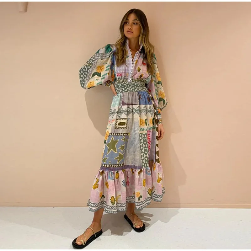 Polo Neck Printed Vintage Long Dress Princess Sleeves Lace-ups High Waist Big Hem Vestidos Casual Fashion Literary Elegant Robe