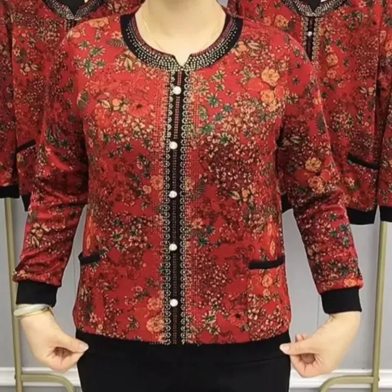 Autumn and Winter Women's Pullover V-neck Patchwork Printing Pockets Rhinestone Fitting Fashion Casual Elegant Long Sleeve Tops