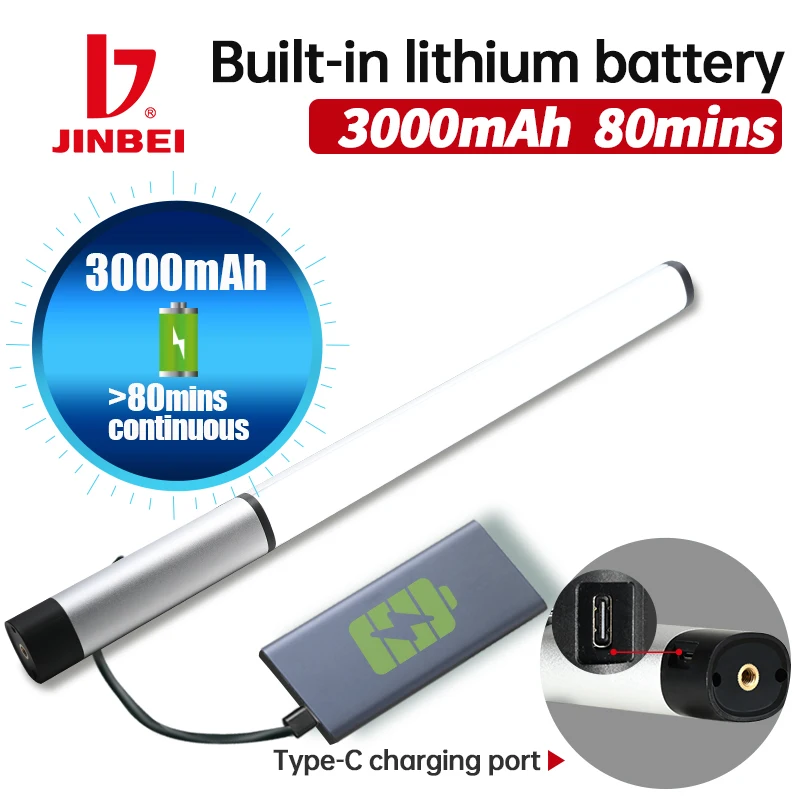 JINBEI EFT220BI 휴대용 LED 비디오 라이트, 지팡이 스틱 사진 튜브, 틱톡용 헛간 문짝 포함, 2700-7500K RGB 14W