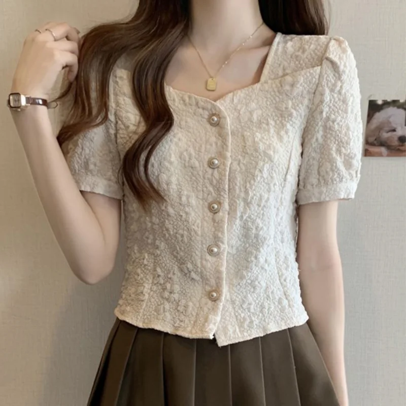 

2024 New Summer Women's Shirt Elegant Fashion Retro Korean Style Sweet Button The Square Collar Solid Short Sleeve Chic Y2K Tops