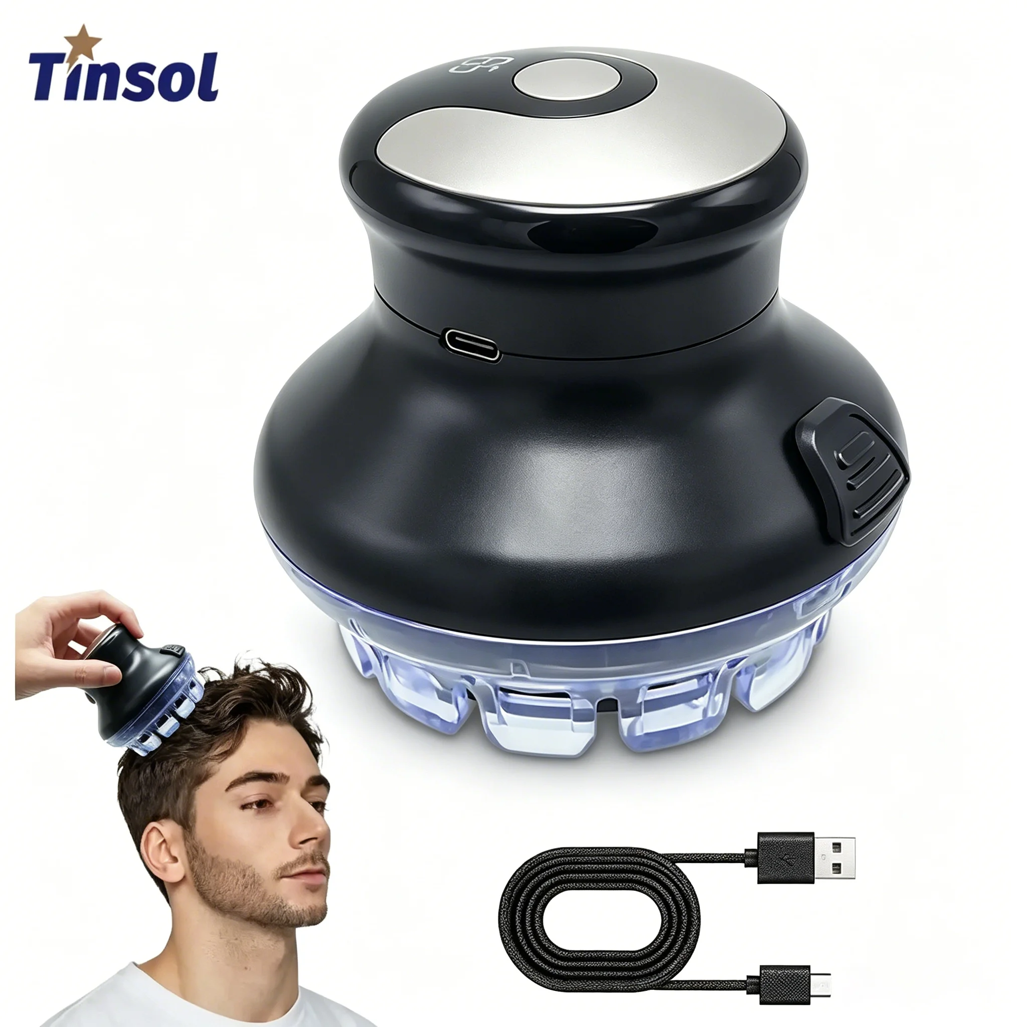 TINSOL 헤드 자동 헤어 클리퍼 무선 라운드 헤어 트리머 LED 디스플레이 조절 가능 길이 3-12mm DIY 헤어컷 키..