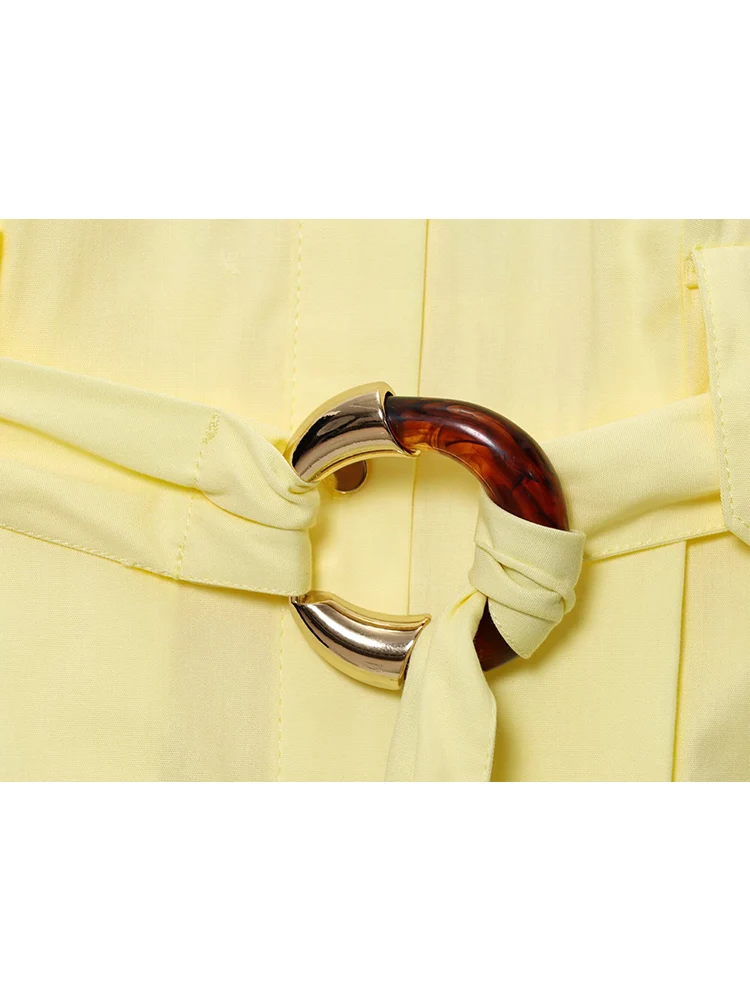 TFMLN Women Fashion Lapel Shirt Dress With Belt Casual Sleeveless Single-Breasted Elegant Midi Dress Female Commuting Outfit