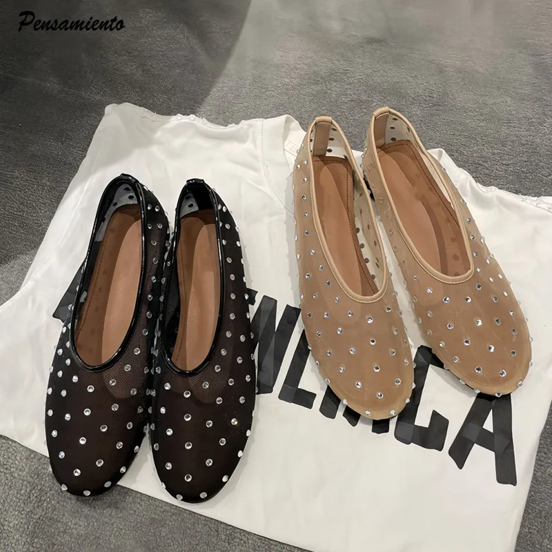 Fashion Crystal Women Ballet Flats Mesh Dance Flat Shoes Casual Driving Walking Loafers Espadrilles Ladies Slip-on Lazy Shoes