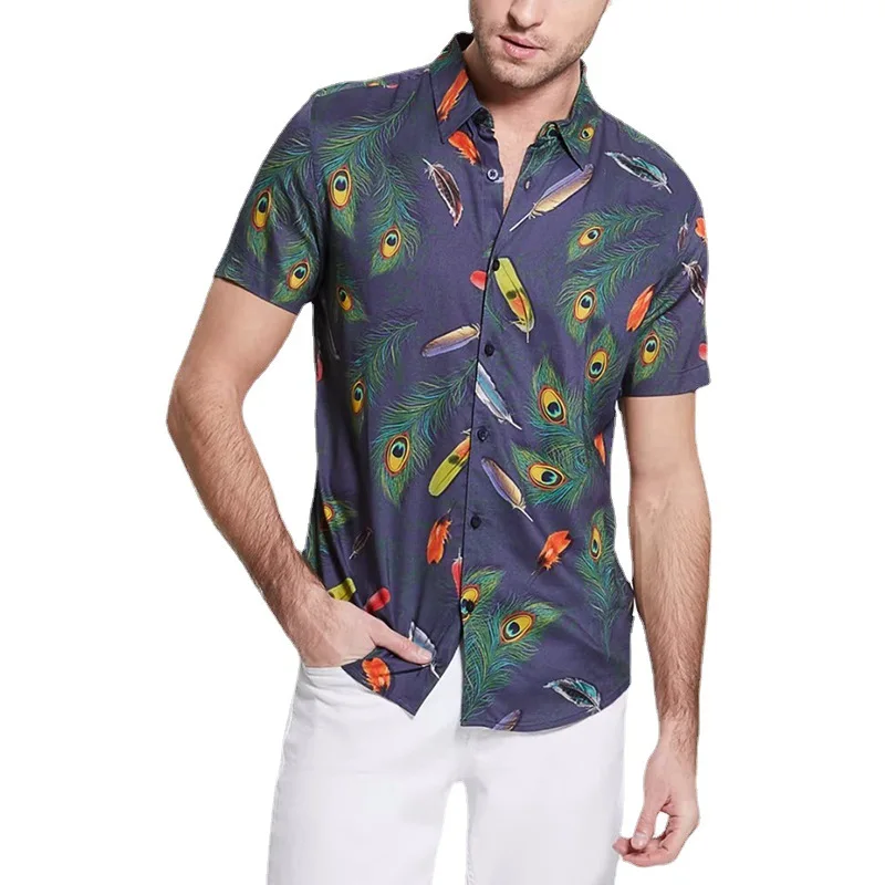 

Summer Men's Casual Lapel Tops Shirt Fashion Peacock Feather Printing Short Sleeve Hawaiian Beach Vacation Shirts Camisas Homme