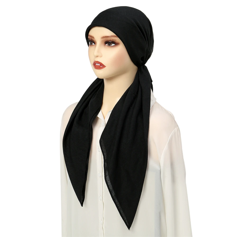 

Muslim Woman Plain Hijab Turban Pre-Tied Hat Womens Long Tail Bonnet Chemo Cap Hair Loss Head Scarf Wrap Beanies Turbante Mujer